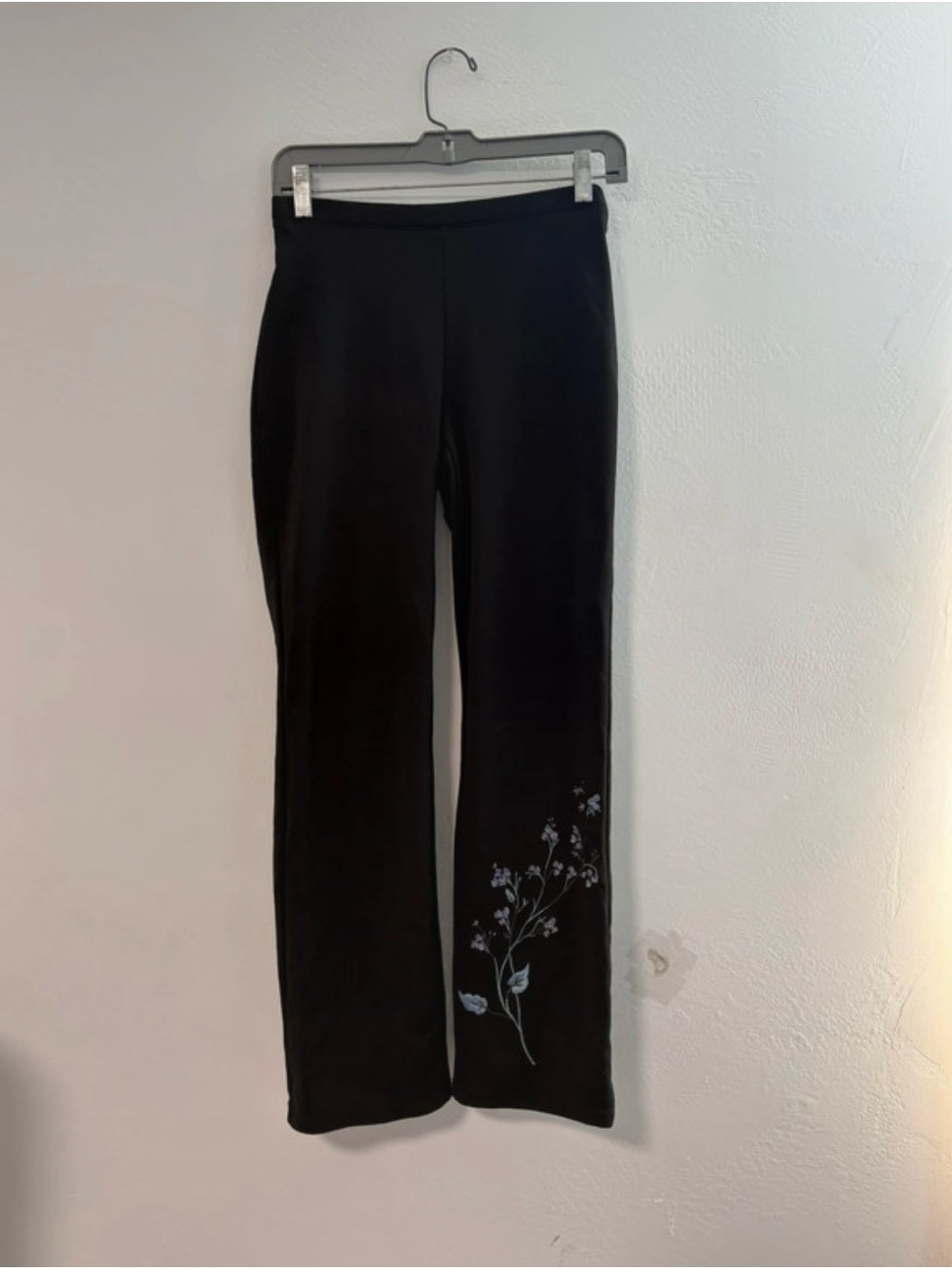 Express Black Straight Leg Pants with Purple and Blue Embroidered Flowers